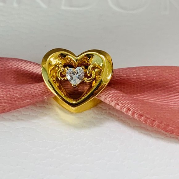 Pandora Radiant Heart & Floating Stone Charm  power of love Pendant Gold - Picture 3 of 6